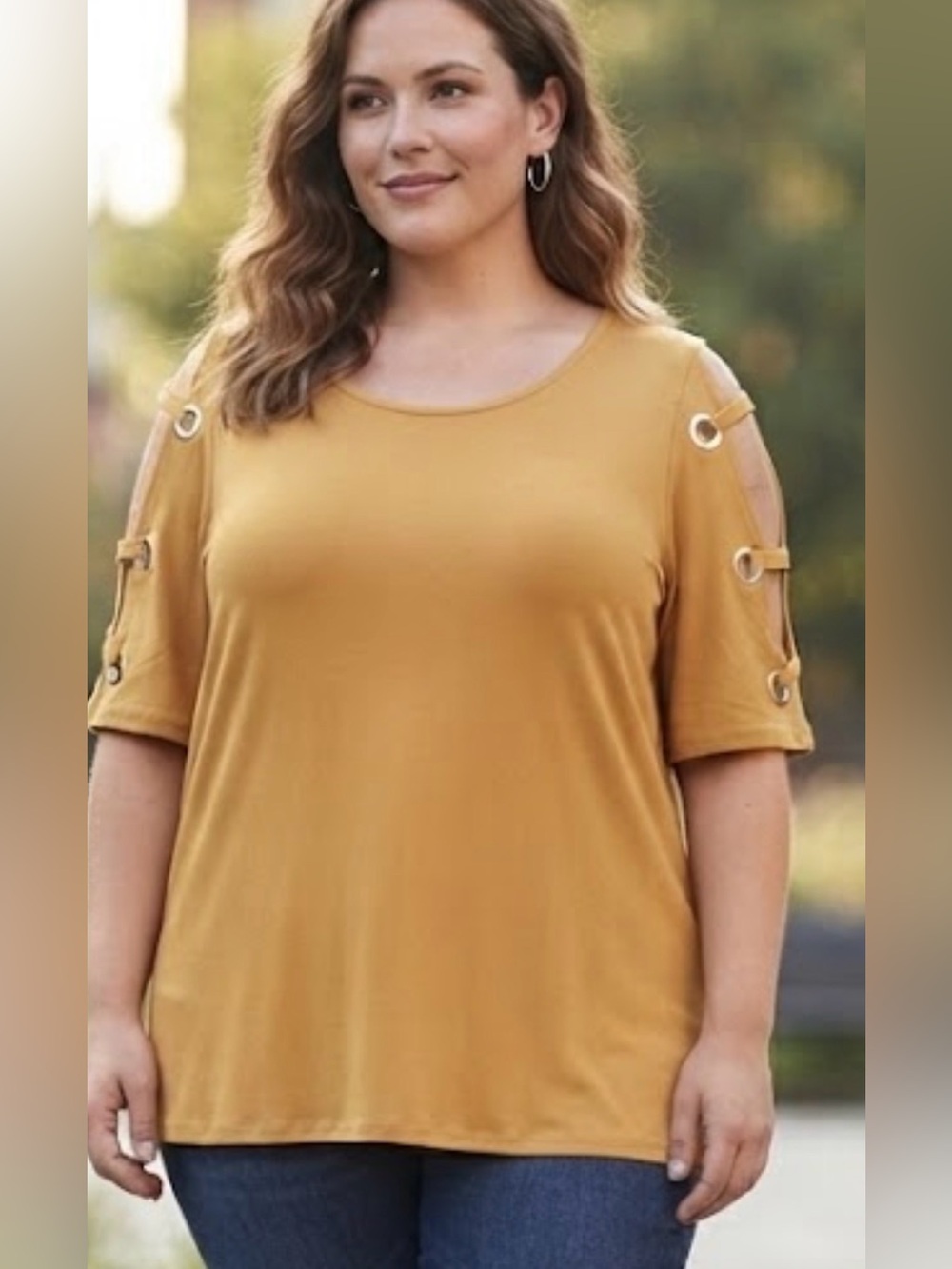 Love Scarlett Plus-Size Mustard Cold-Shoulder Top with Grommet Detail